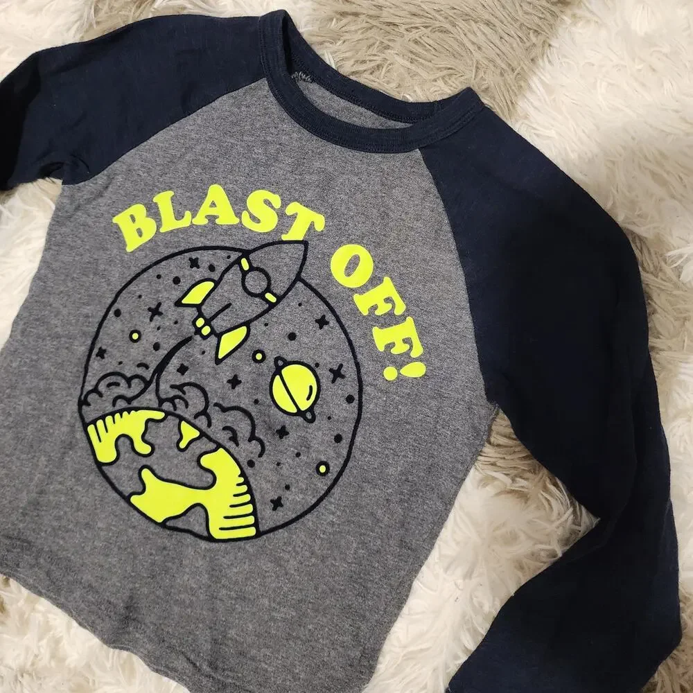 Baby Gap Rocket Ship Blast Off Space Themed Long Sleeve Kids Cotton Raglan Tee